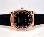 Rolex Cellini Replica Rose Gold Black Diamond Markers Black Leather Japan Grade